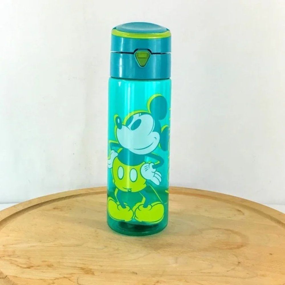 Disney Mickey Mouse Water Bottle Clear Green Yellow Push Button Opening 24 fl oz